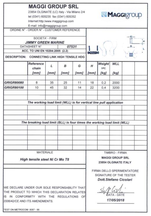 AQUA7 Chain End Link Sample Certificate 8mm and 10mm
