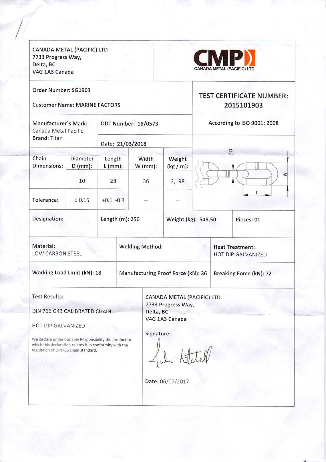 Calibrated Anchor Chain - Sample Test Certificate - 10mm DIN766 - Titan Grade 40