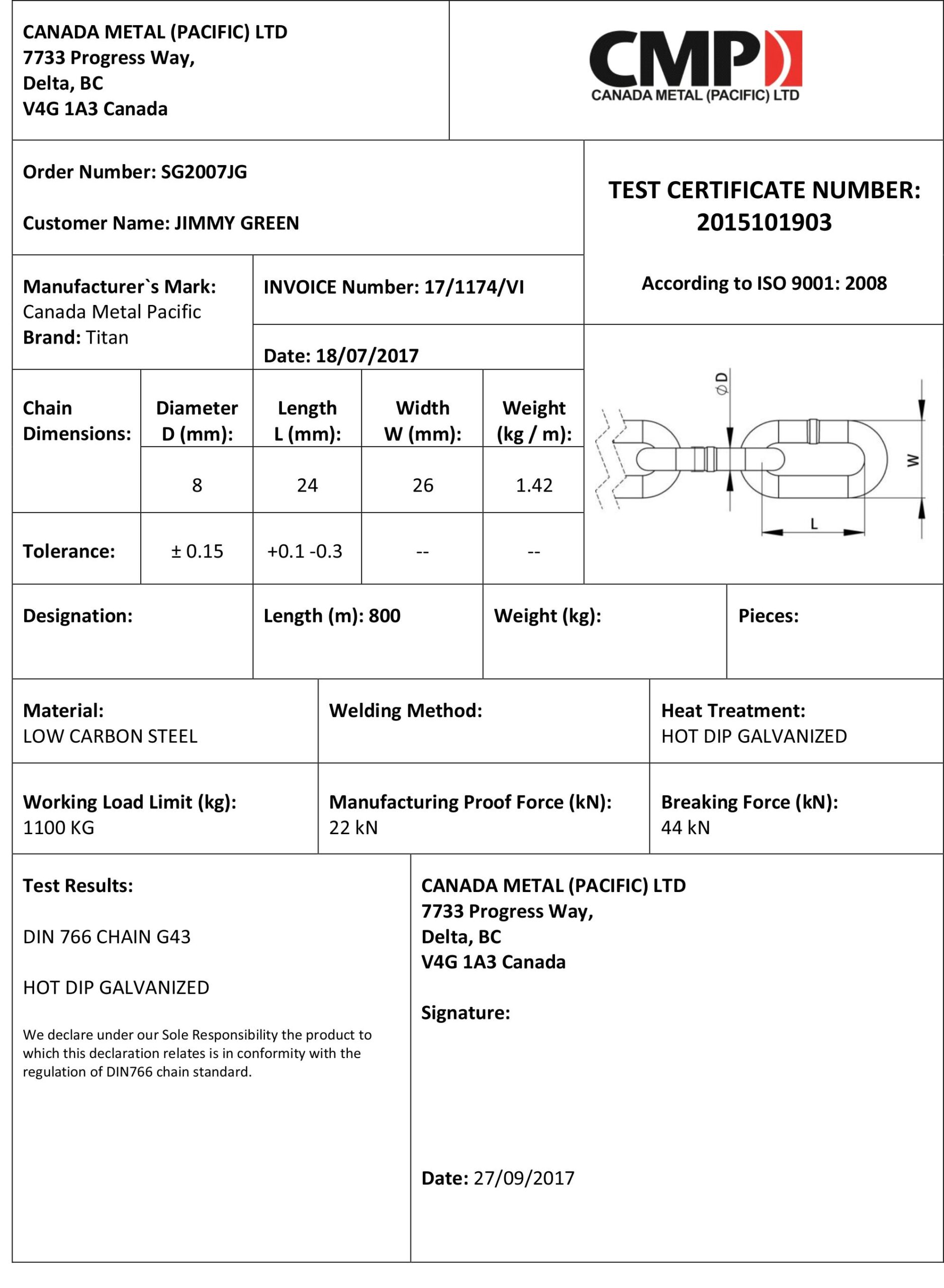 CMP Titan Calibrated 8mm DIN766 Grade 40 Chain Certificate