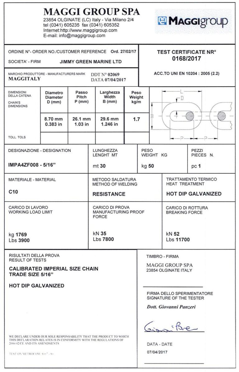 Calibrated Anchor Chain – Sample Test Certificate – 5/16 USA Specification AQUA4