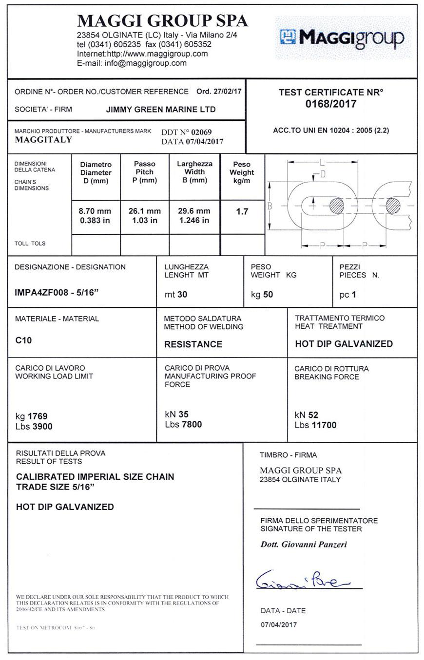 Calibrated Anchor Chain - Sample Test Certificate - 5/16 USA Specification AQUA4