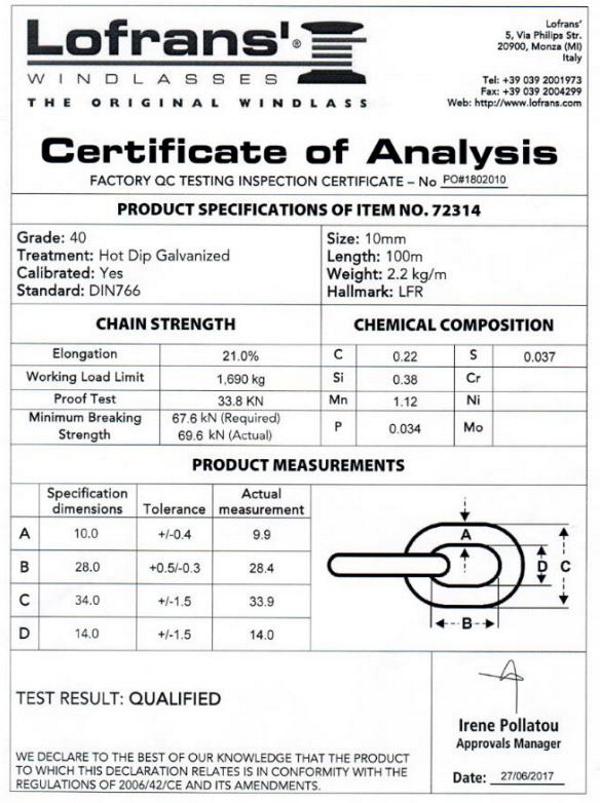 10mm DIN766 – Lofrans Grade 40 – Sample Test Certificate
