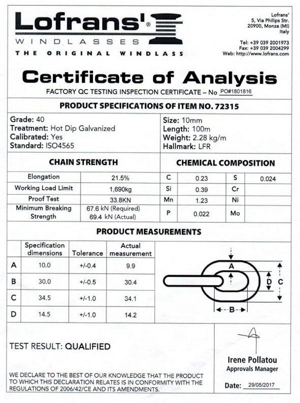 10mm ISO – Lofrans Grade 40 – Sample Test Certificate