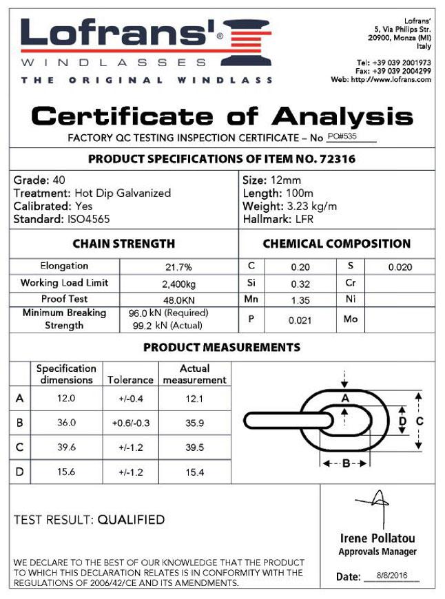 12mm ISO – Lofrans Grade 40 – Sample Test Certificate
