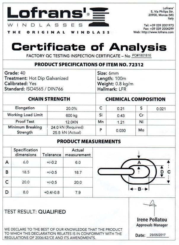 6mm DIN766 – Lofrans Grade 40 – Sample Test Certificate