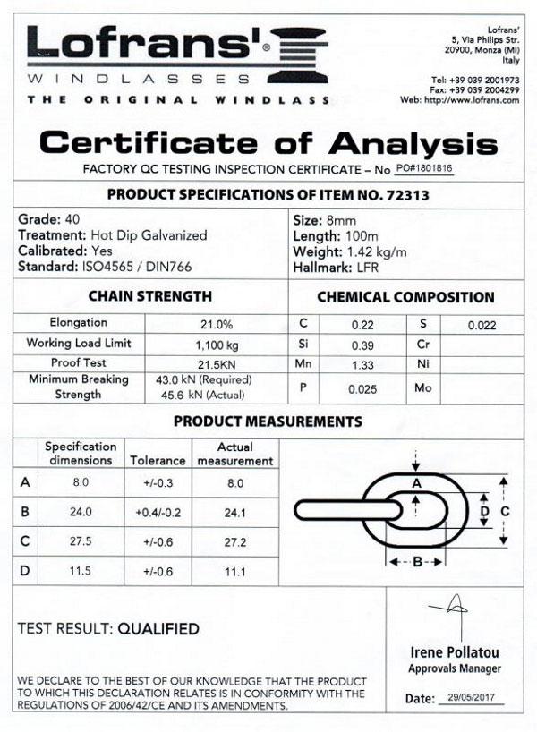 8mm DIN766 – Lofrans Grade 40 – Sample Test Certificate