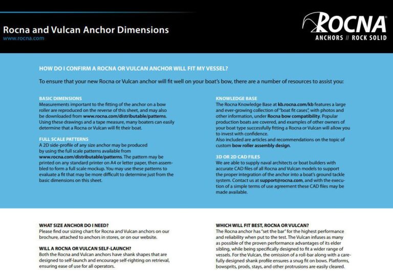 Rocna and Vulcan Anchor Dimensions