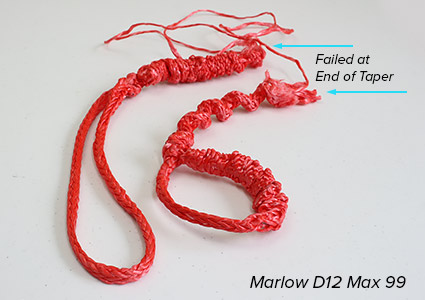 Image show break test results of a Strop with soft loop both ends made in Marlow D12 Max 99