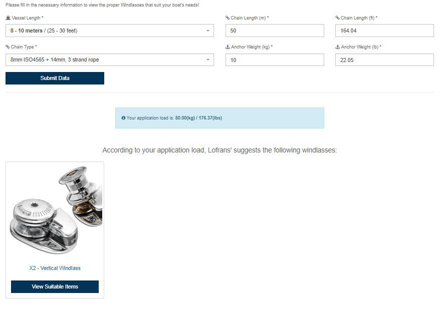 Lofrans windlass selection tool example